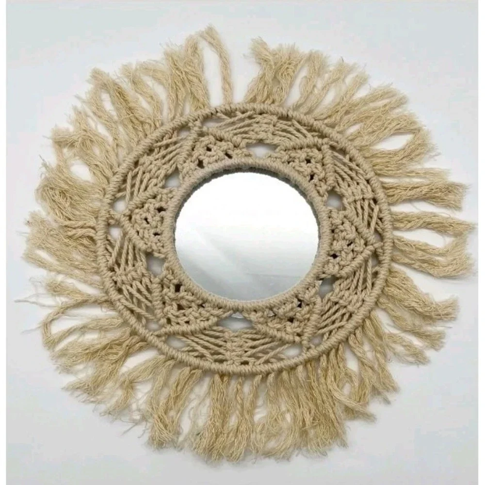 Design Clique Macrame Magnetic Mirror Round with Fringe Boho Decorative Art